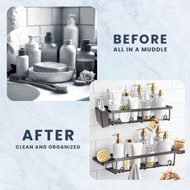 Sben Shower Caddy Adhesive, Rustproof Organizer, Rustproof Metal Bathroom Shelves, Large Capacity No-Drill, Rack Storage Accessories with 2 Soap Dish, Toothbrush Holder and 8 Hooks Home Decor Black