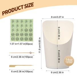 DeziWood 50 Sets Disposable Charcuterie Cups with Sticks and Bags, 14 oz White Kraft Paper Snack Boxes Appetizers Cup French Fry Holder with Cocktail Picks