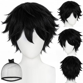 TIKJOYS Short Black Layered Wig for Men Fluffy Wig Black Wigs Short Wigs