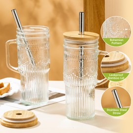JunVpic Glass Cups with Bamboo Lids and Straws, 22oz Glass Tumbler with Handle, Stainless Steel Straws & Cleaning Brushes – Boho Pattern Iced Coffee Cup for Smoothies, Tea, and Gifts, Set of 2