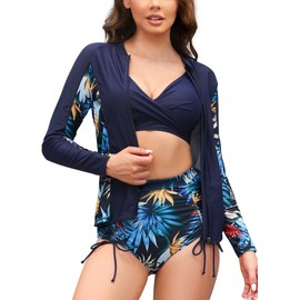 SHEKINI Women's 3-Piece Rash Guard Swimsuits with Twist Front Bikini Top with Drawstring High Waist Short, Deep blue print