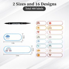 480Pcs Waterproof Bottle Labels,Self-Adhesive Weather Theme Water Bottle Labels,Name Tag Stickers with Pen for Tumblers, Kids School Supplies, Kitchen Containers, Bins, and Outdoor Gear