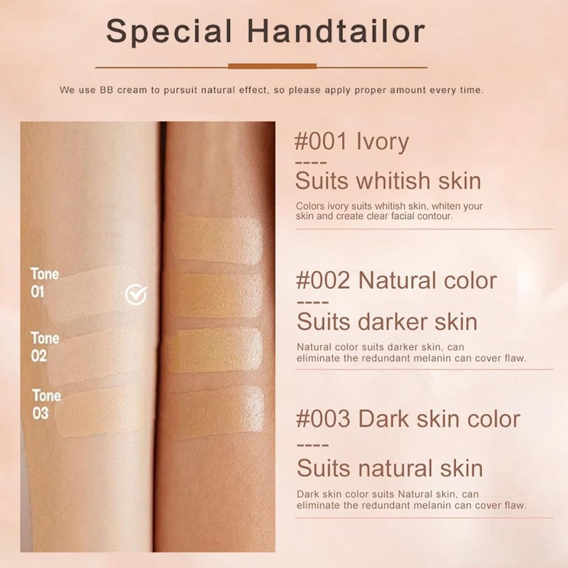 BB Cream Tinted Moisturiser Foundation, Light Skin Tint Full-Coverage Foundation,