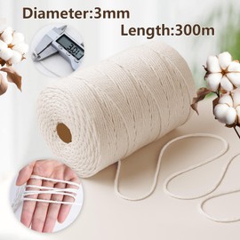 AiQInu Macrame Yarn 3 mm x 300 m, 100% Natural Cotton Yarn for Crafts, Wall Hanging, Knitting, DIY, Decoration, Beige