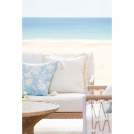 Hofdeco Premium Coastal Hampton Style Patio Indoor Outdoor Throw Pillow Cover Only, 18"x18" Water Resistant for Backyard, Couch, Baby Blue Floral Tassel