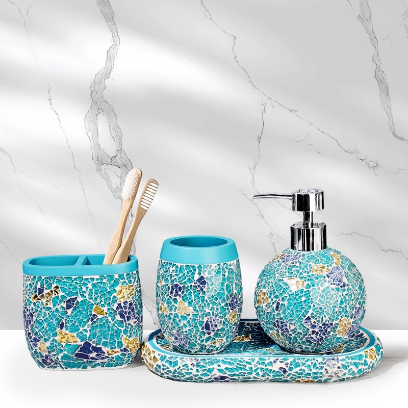 Handmade Blue Mosaic Glass Bathroom Accessory Sets 4PCS Bathroom Accessories