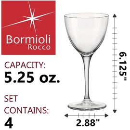 Bormioli Rocco Bartender Novecento 5.25 oz. Nick & Nora Cocktail Glasses, Set of 4, Clear