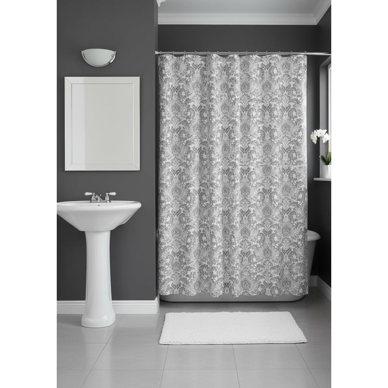 CHD Home Fabric Shower Curtain, Damask Floral Design, Grey and