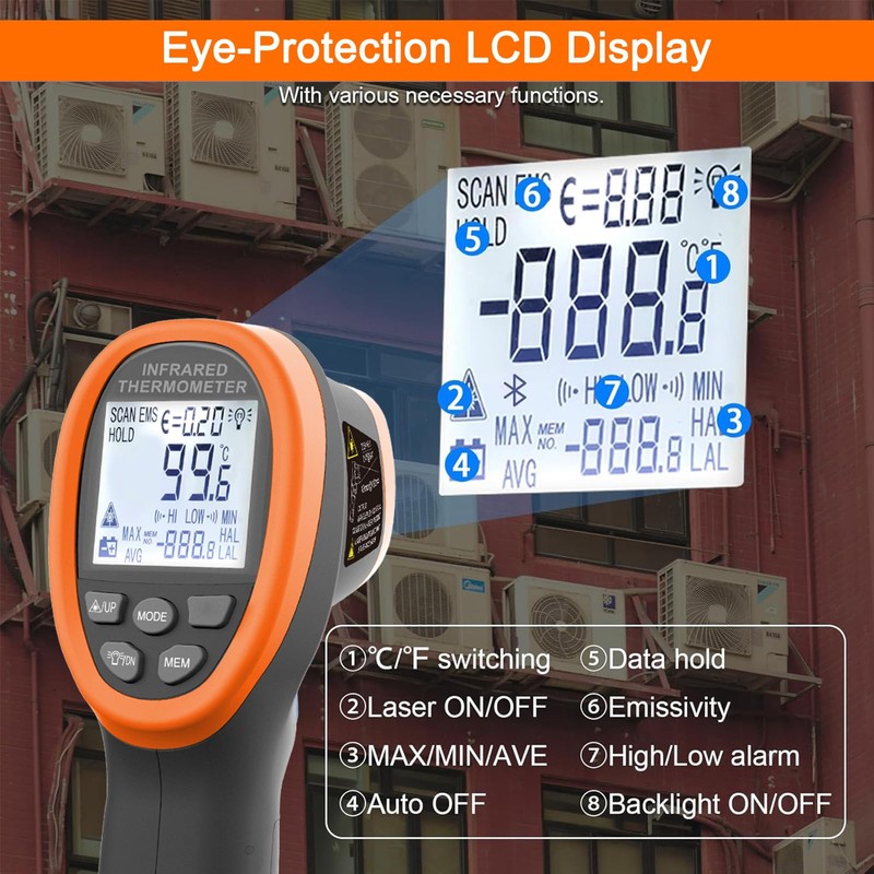 HOLDPEAK Infrared Thermometer D:S=16:1, Digital IR Thermometer 58℉~1472℉, Non-Contact High