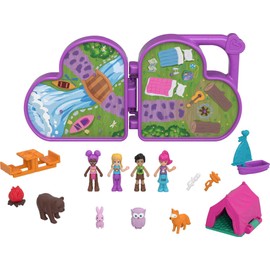 Polly Pocket Polly & Friends Pack, Animal Campout Theme, Heart-Shaped Case, Scenic Backdrop, 4 Micro Dolls, 10 Accessories, Great Gift for Ages 4 Years Old & Up