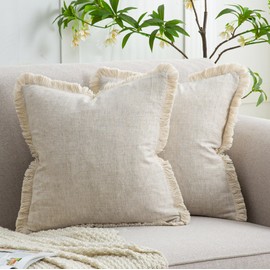 Mayler Yee Throw Pillow Covers 18x18 Inch Set of 2 with Tassel Trim for Farmhouse Living Room, Soft Cotton & Cozy Linen, Fringe Beige Pillowcase, Boho Sytle Decorative Home