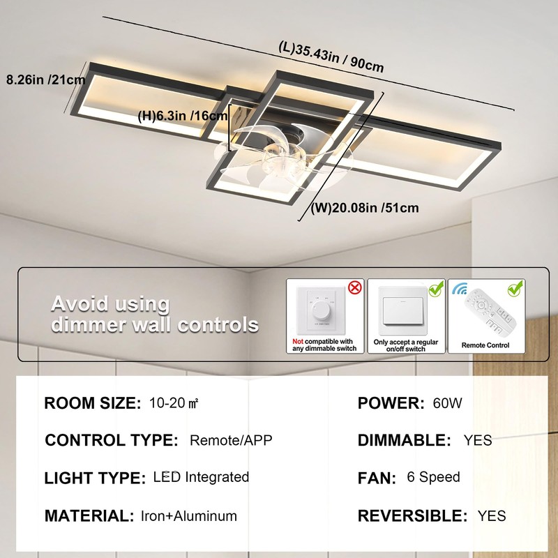 GEADI Modern Ceiling Fan with Light,Dimmable Flush Mount Ceiling Fans