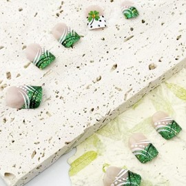 St. Patrick's Day French Tip Press on Nails Glitter Green Shamrock Fake Nails Short Square Acrylic Glue on Nails Lucky Clover Artificial Nails for Women DIY Saint Patrick Stick on Nails