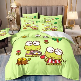 honey qiao Cartoon Frog Comforter Twin Set - Playful Frogs 3-Piece Twin Size Bedding for Kids, Soft and Cozy, Cute Frog Pattern with Flowers and Sunshine, Machine Washable