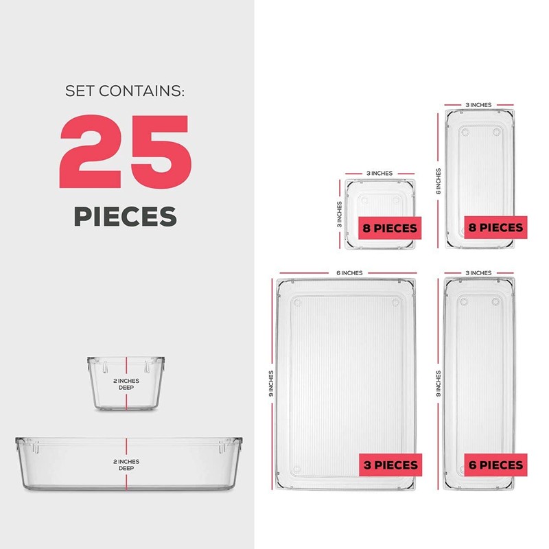 25 PCS Clear Plastic Drawer Organizers Set, 4-Size Versatile Bathroom