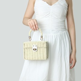 HuiYStar Handwoven Rattan Bag for Women - Basket Woven Square Shoulder Bag Vintage Basket Bag Summer Beach Bag Handbag, beige