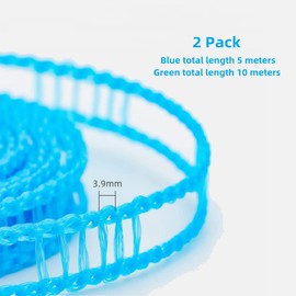 Pack of 2 Windproof Clothes Lines, Nylon Clothesline, Portable Travel Clothesline, Non-Slip Washing Line for Camping, Travel, Outdoor (Blue 5 m, Green 10 m)