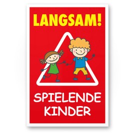 Komma Security Slow Playing Children 20 x 30 cm Safety Sign Warning Sign Warning Sign Slow Driving Warning Note Play Street Playground - Children Playing Caution