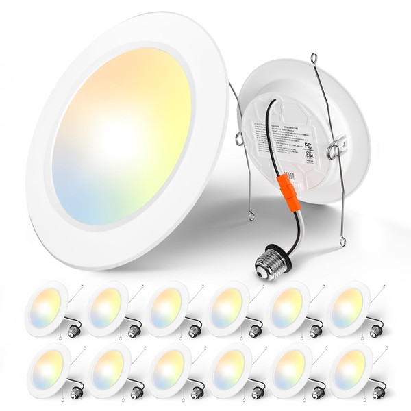 Amico Recessed Lighting 5/6 Inch, 12 Pack 5CCT Flat LED Can Lights, 2700K/3000K/4000K/5000K/6000K Selectable,12W Eqv 110W, 1050LM Brightness, Retrofit Installation - ETL & FCC
