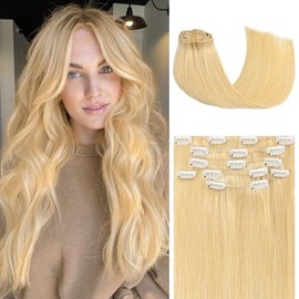 Honsoo Extensiones de cabello humano real con clip, rubio decolorado, 45 cm, 70 g, 7 unidades, cabello rubio liso y sedoso.