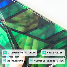 ChicSkin Original Hand Drawn Faux Stained Glass Window Film, Double-Sided Translucent Static Film, Cool Aqua Green Geometry Patterns Inspired by Hollyhock House 11.02"X55.12"