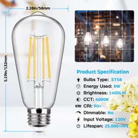 4-Pack Vintage E26 LED Edison Bulbs 100W Equivalent 1400LM High Brightness 8W ST58 LED Filament Light Bulbs 4000K Daylight White Medium Base CRI90+ Antique Clear Glass for Home Office, Non-dimmable