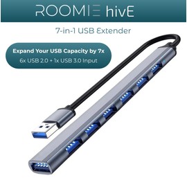 ROOMIE hivE USB Extender Hub, 3.0, 7 Ports Aluminium Hub Splitter, High Speed Data Transfer, Compatible with Laptop, Flash Drive, Console, Printer