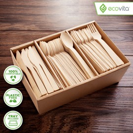 100% Bamboo Forks Spoons Knives Cutlery Combo Set - 380 Large Compostable Disposable Utensils (7 in.) Eco Friendly Durable and Tree Free Alternative to Wooden Silverware with Convenient Tray