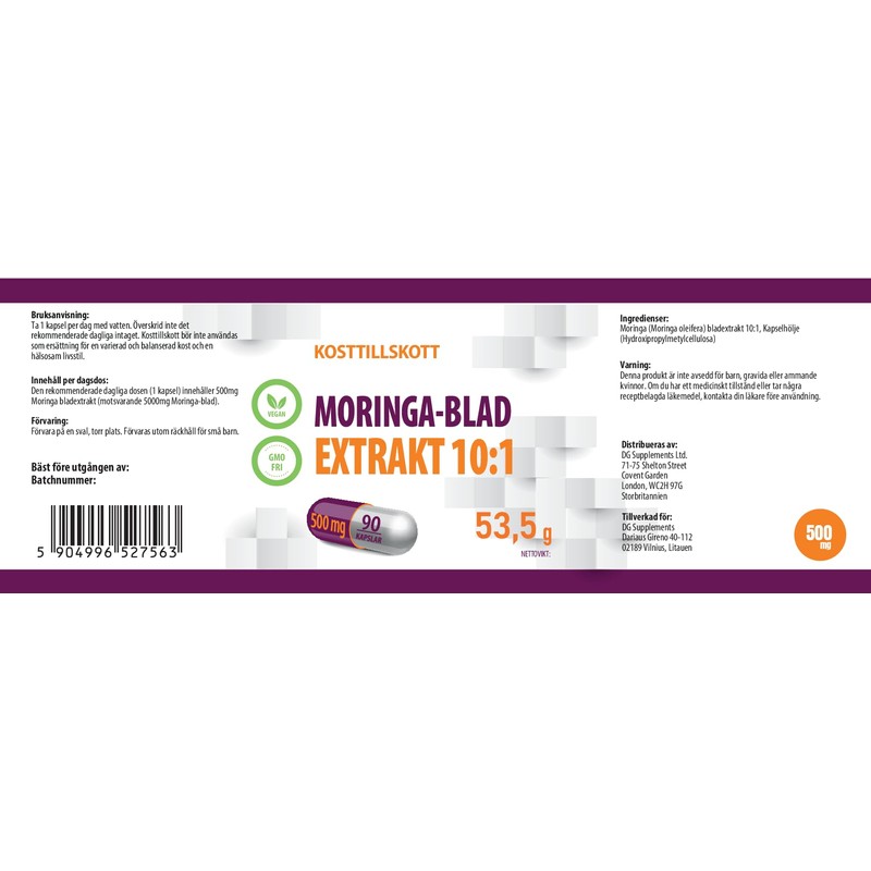 Moringa Leaf 5,000mg Equivalent (500mg 10:1 Extract) 90 Vegan Capsules,