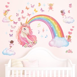DECOWALL SG2-2321 Rainbow Wall Decals Unicorn Rainbow Butterflies Clouds Wall Stickers Baby Nursery Girls Bedroom Living Room Wall Décor