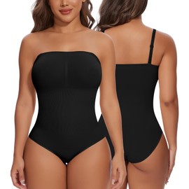 SHAPERIN Women Strapless Shapewear Bodysuit Tummy Control Push Up Shaping Bodysuit Seamless Body Shaper Compression Leotard Bandeau Bodysuit Top, Black, S