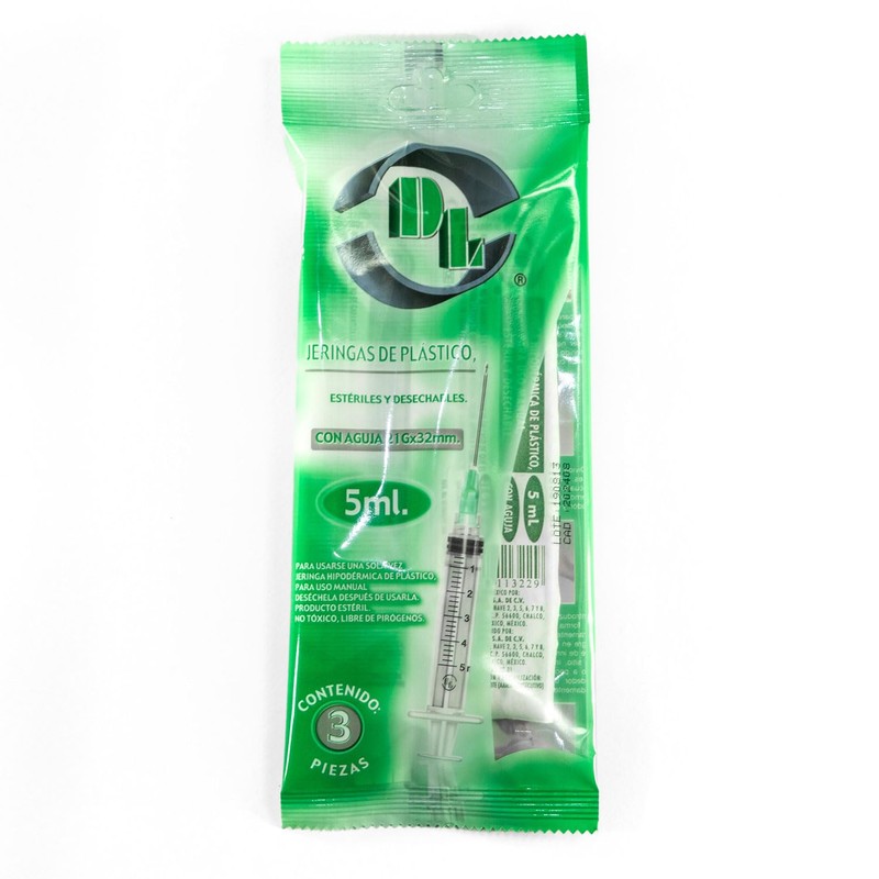 Bolsa con 3 Jeringas de Plastico DL 5ml 21Gx32mm Esteriles