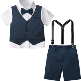 A&J DESIGN Toddler Boy Wedding Outfit Kid Easter Gentleman Formal Suspender Summer Ring Bearer Dress Suits Navy Blue 4-5T