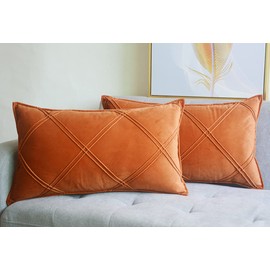 Lutanky Orange Velvet Cushion Covers Decorative Rectangle Throw Pillow Covers Checked Design Elegant Pillowcases for Sofa Bed Living Room 12x20 Inch 30 x 50 cm Set of 2