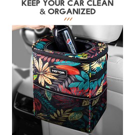 HOTOR Car Trash Can with Lid and Storage Pockets - 100% Leak-Proof Organizer, Waterproof Garbage Can, Multipurpose Trash Bin for Car, 2 Gallons, Autumn Leaves