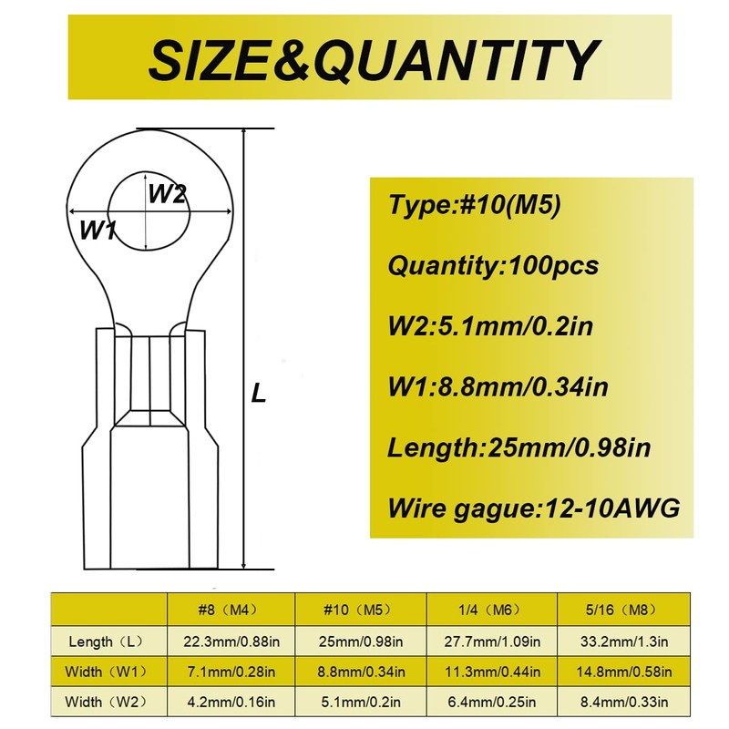 smseace 100Pcs #10(M5) 12-10AWG Ring terminals Insulated Ring Connects Electrical