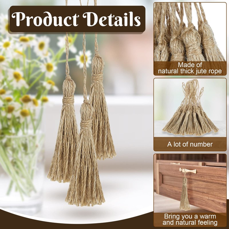 Ysleen 40 Pieces Natural Jute Tassels for Crafts Small Tassels