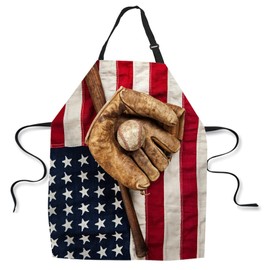 afidomu Kitchen Cooking Apron Vintage Baseball Bat Glove And Ball American Flag Apron Home Baking Chef Apron Waterproof For Women Men 31X27 Inches