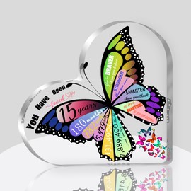 Girls 15th Birthday Gifts - 15 Year Old Birthday Acrylic Heart Keepsake - 15th Birthday/Anniversary Decorations for Girls - Butterfly Table Decor - 15th Birthday Gifts Ideas for Girls, Teen Girl,