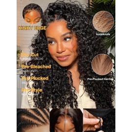 Sunber Put On and Go Glueless 4C Kinky Edges Water Wave Human Hair Wigs Pre Cut 13x4 HD Lace Frontal Pre Bleached Knots with Elastic Drawstring 180% Density 18Inch Pre Everything Water Wave Wigs