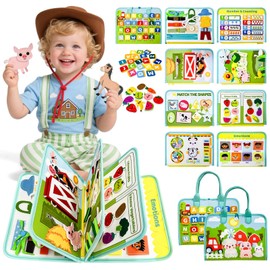 Busy Board English, Montessori Toy from 1 Year, Toy from 1 Year, Quiet Book with Farm Theme, Travel Games Children from 3, Sensory Toy, Gift Toy from 1 2 3 4 Years Girls Boys