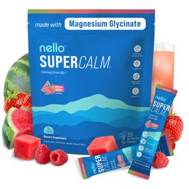 Nello Supercalm Drink Mix - Ashwagandha KSM 66, Magnesium Glycinate & L-Theanine Supplement - Ashwagandha Root Extract - Focus and Relaxation Support (20 Travel Packets) - Melon Berry