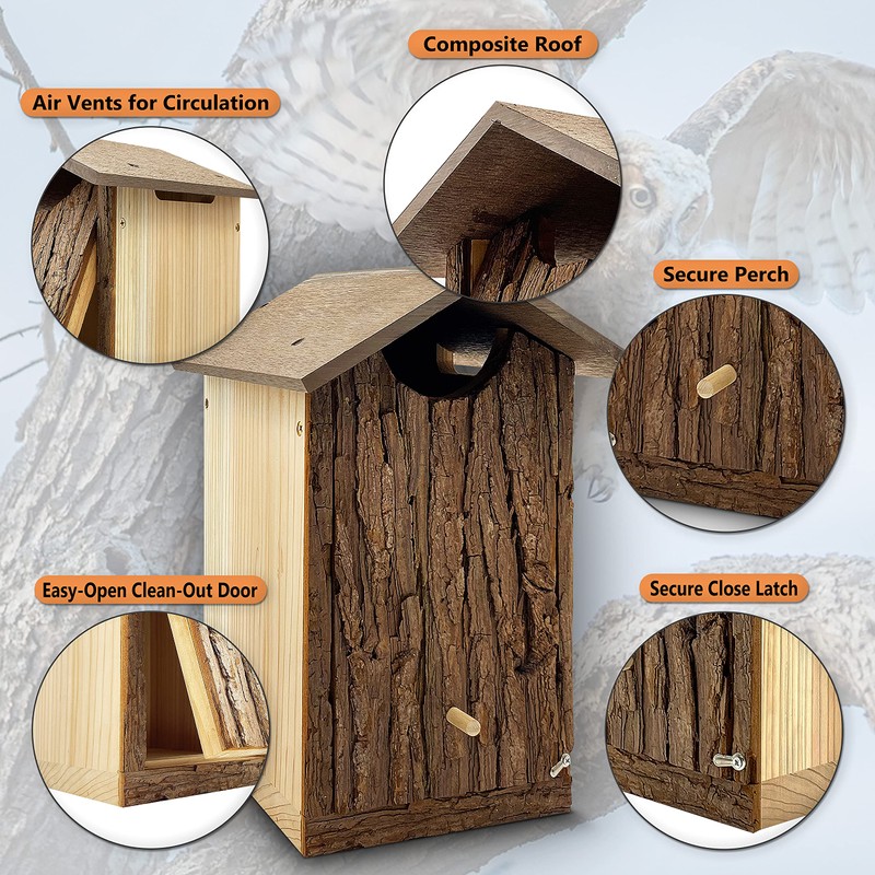 Outer Trails Japanese Cedar Wooden Owl Houses, Bark Front