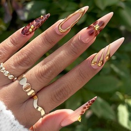 BABALAL Press on Nails Long Stiletto Fake Nails Brown Glue on Nails Flower Coquette Acrylic Nails 3d Txture Gold Chrome Design False Nails 24Pcs Stiletto Handmade Manicure Stick on Nails