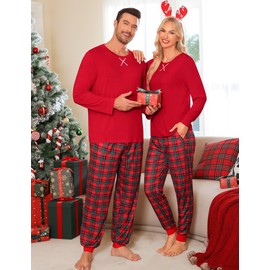 SWOMOG Couples Christmas Pajamas Set Women & Men Matching Pjs Set Long Sleeve Loungewear Holiday Sleepwear for Couples Men Red - Plaid Pants Medium