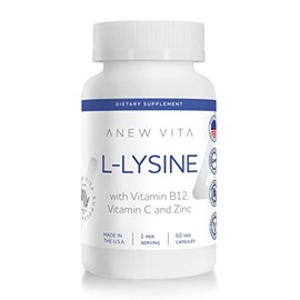 Anew Vita L-Lysine Supplement | w/Vitamin B12 + C + Zinc | Lip, Mouth, Oral Tissue Health | Immunity Support | 500mg | 60 Vegetable Capsules | Non-GMO | Gluten Free | Made in USA
