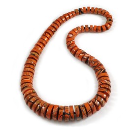 Avalaya Burnt Orange Graduated Wooden Button Bead Necklace with Marbled Pattern and Round Spacers – 60cm Slip-On Design