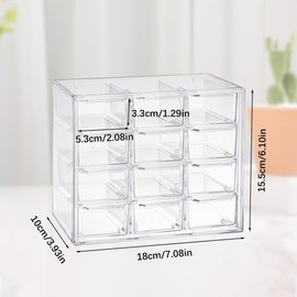 Mini Clear Storage Drawers, Desk Storage Organizer with 12 Drawers, Plastic Desktop Craft Storage Box with Sticker for Makeup Jewelry Bathroom Craft Supplies Stationary(12 Drawers)