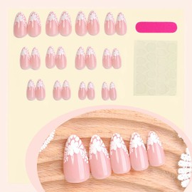 24Pcs Short Almond Press On Nails White Floral French Tip - Fake Nails With Glue Jelly Tabs - Glossy Almond False Nails Full Cover - Elegant Artificial Manicure For Women Everyday Office Bridal Wear
