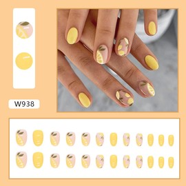 Summer Lemon Press on Nails Short Almond Fake Nails Yellow False Nails Press ons with Design Reusable Artificial Nails Glossy Full Cover Glue on Nails Stick on Nails for Women Girls Manicure 24Pcs
